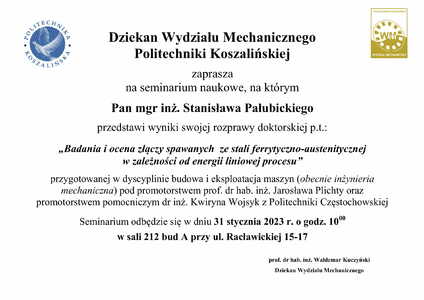 Dziekan Wydziału Mechanicznego Politechniki Koszalińskiej zaprasza na seminarium naukowe,