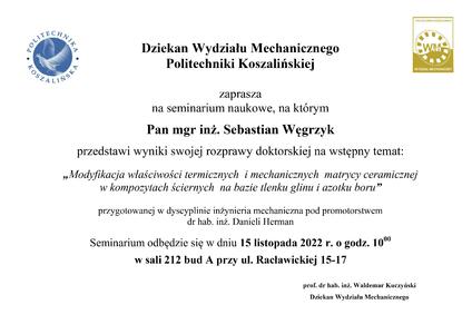 Dziekan Wydziału Mechanicznego Politechniki Koszalińskiej  zaprasza na seminarium naukowe