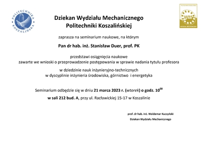Dziekan Wydziału Mechanicznego Politechniki Koszalińskiej zaprasza na seminarium naukowe,