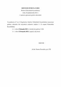 OBWIESZCZENIE Nr 21/2021 Rektora Politechniki Koszalińskiej z dnia 28 października 2021 r. w sprawie ogłoszenia godzin rektorskich
