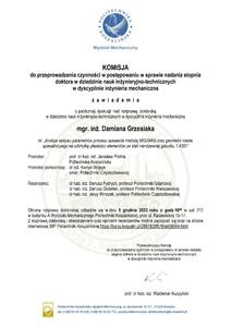 Zawiadomienie o publicznej dyskusji nad rozprawą doktorską mgr. inż. Damiana Grzesiaka