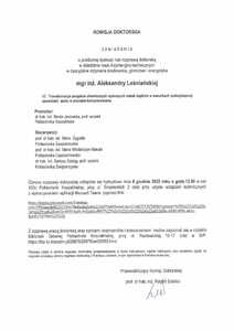 Zawiadomienie o publicznej dyskusji nad rozprawą doktorską mgr. inż. Aleksandry Leśniańskiej 06.12.2022, godz.12.00