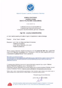 Zawiadomienie o publicznej dyskusji nad rozprawą doktorską mgr inż. Lucyny Lewandowskiej