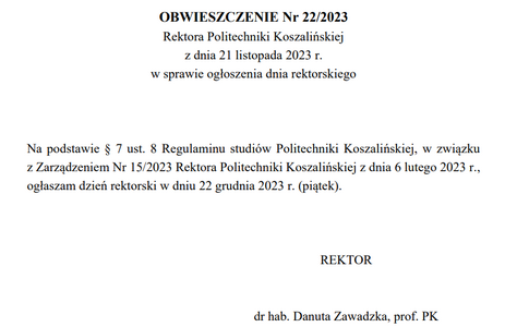 Obwieszczenie Rektora Politechniki Koszalińskiej w sprawie ogłoszenia dnia rektorskiego