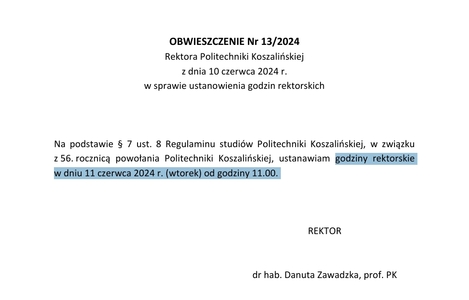 Godziny rektorskie  w dniu 11 czerwca 2024 r. (wtorek) od godziny 11.00
