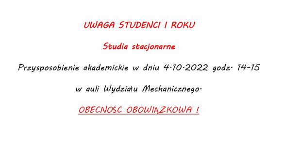 UWAGA STUDENCI I ROKU Studia stacjonarne