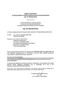 Zawiadomienie o publicznej dyskusji nad rozprawą doktorską mgr. inż. Macieja Kotuły 18.11.2022, godz.12.30