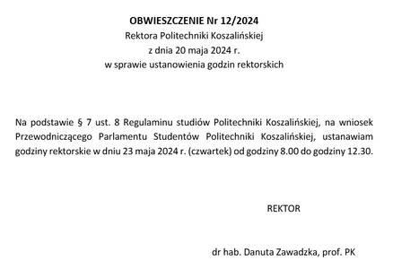 Zawiadomienie o godzinach rektorskich dnia 23.05.2024 r.