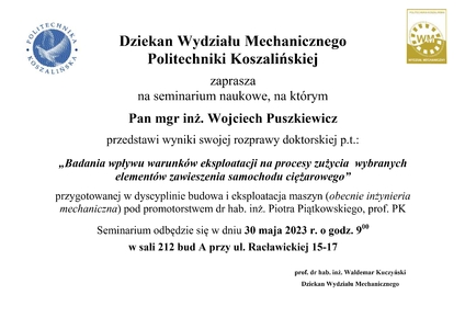 Dziekan Wydziału Mechanicznego Politechniki Koszalińskiej zaprasza na seminarium naukowe.