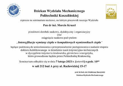 Dziekan Wydziału Mechanicznego Politechniki Koszalińskiej zaprasza na seminarium naukowe.